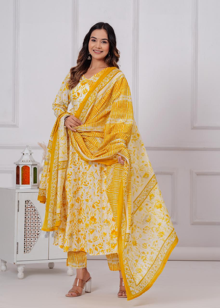 Cotton Anarkali Kurti with Pant and Dupatta