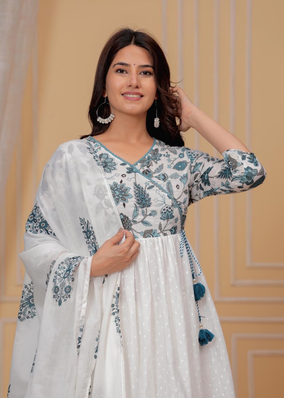 Mulmul Printed Kurti with Pant and Dupatta