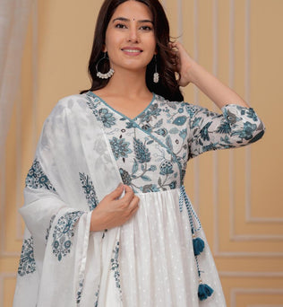 Mulmul Printed Kurti with Pant and Dupatta