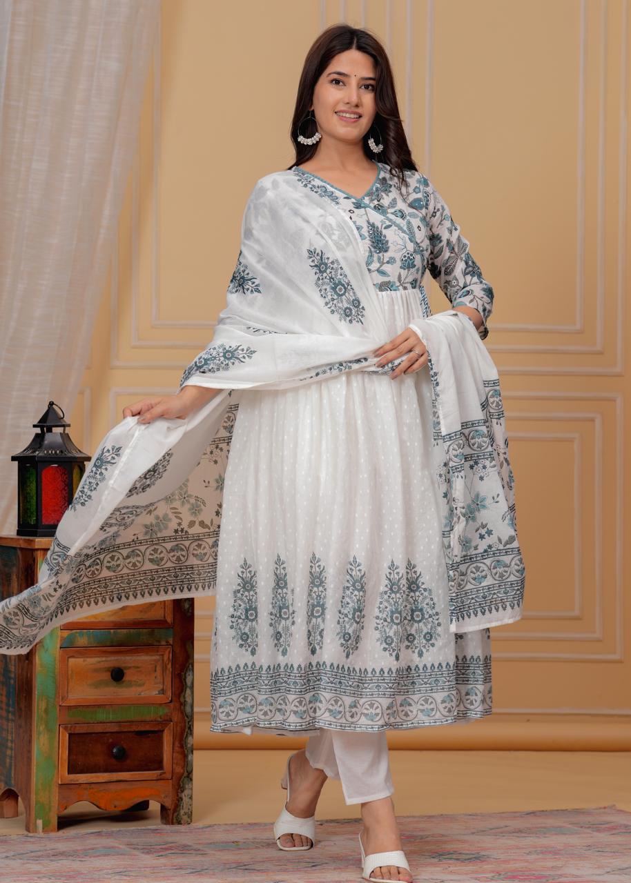 Mulmul Printed Kurti with Pant and Dupatta