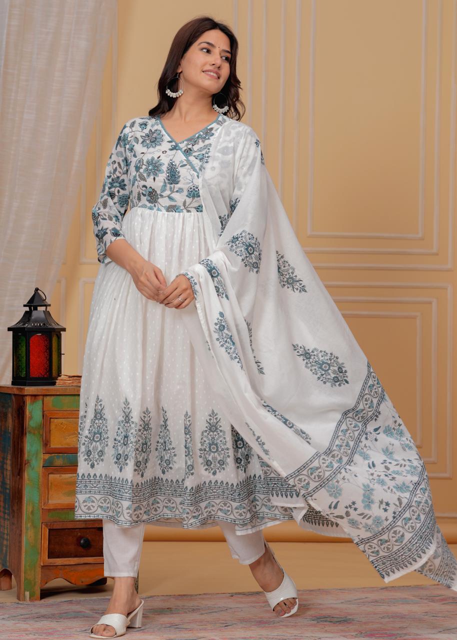 Mulmul Printed Kurti with Pant and Dupatta