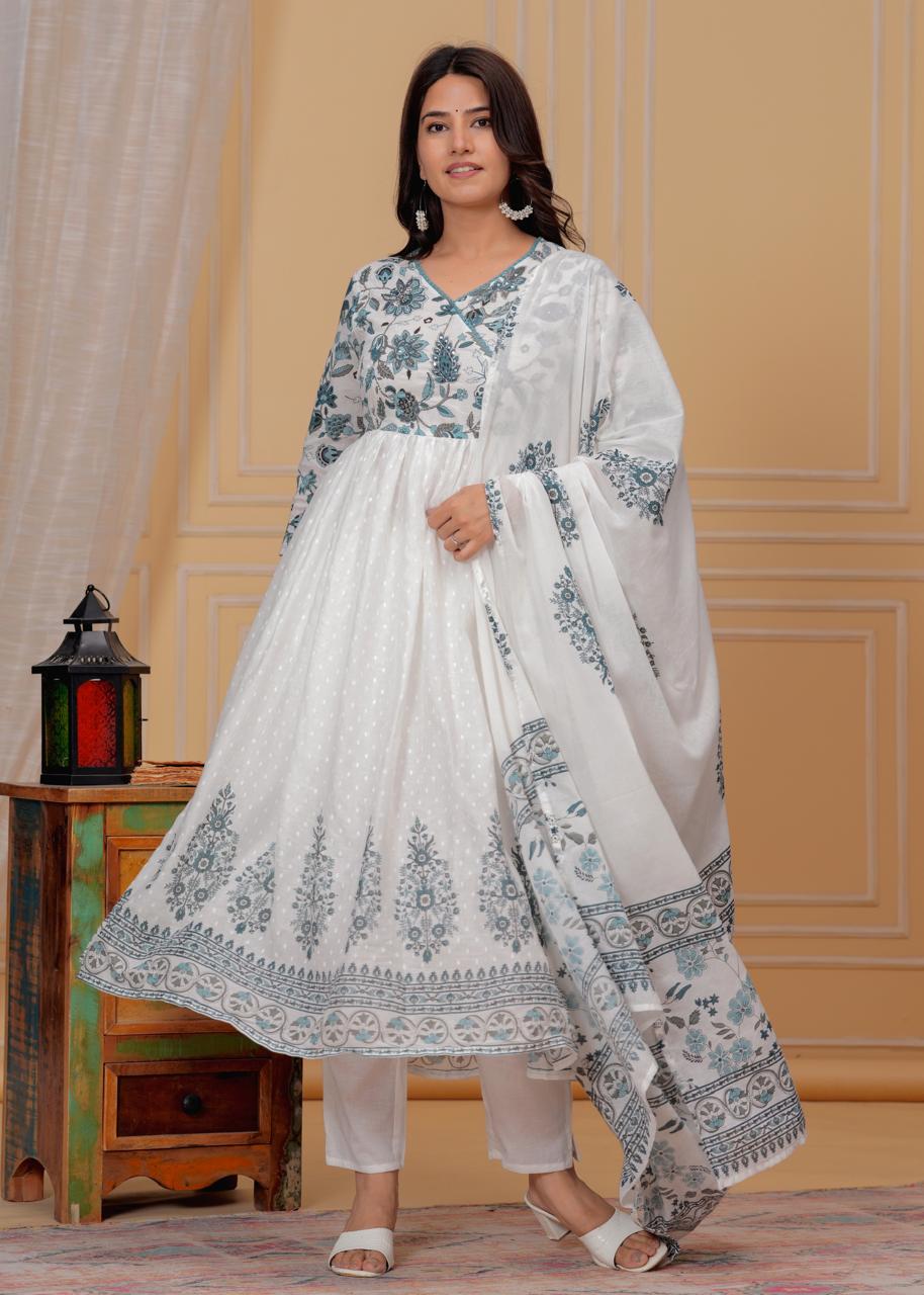 Mulmul Printed Kurti with Pant and Dupatta