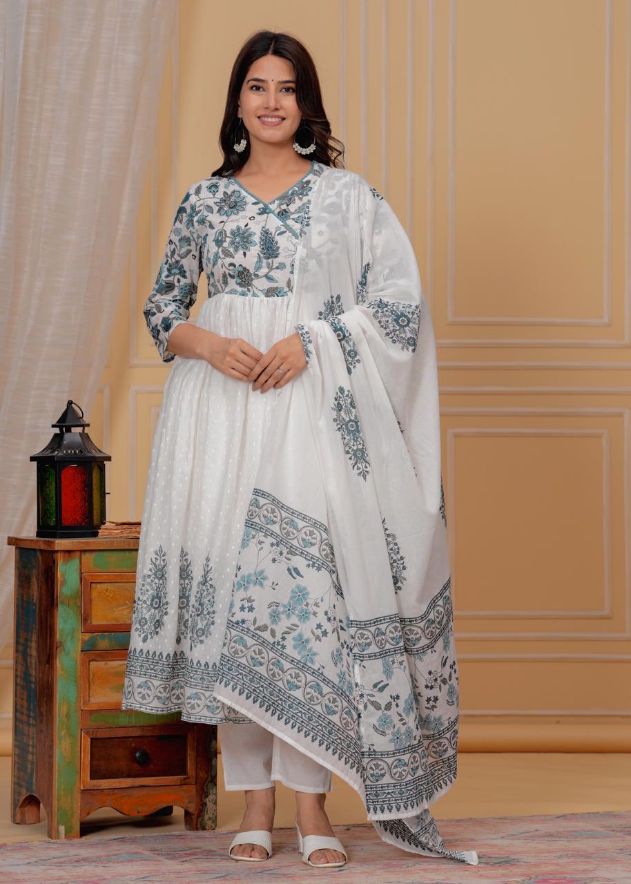 Mulmul Printed Kurti with Pant and Dupatta