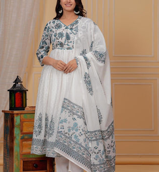 Mulmul Printed Kurti with Pant and Dupatta