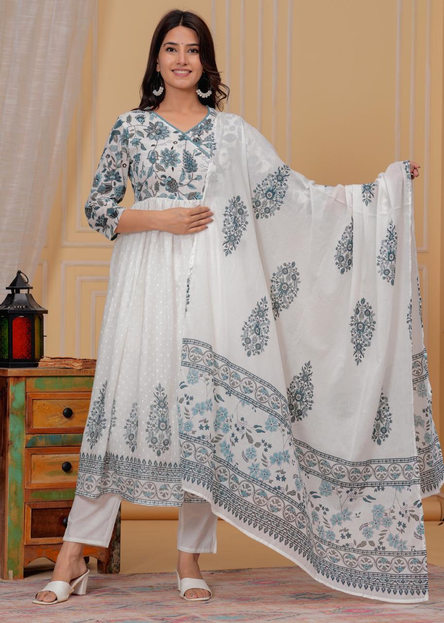 Mulmul Printed Kurti with Pant and Dupatta