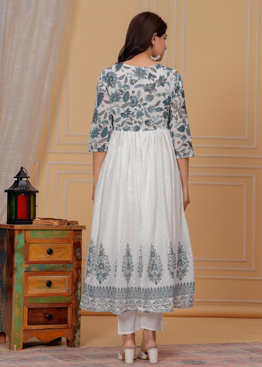 Mulmul Printed Kurti with Pant and Dupatta