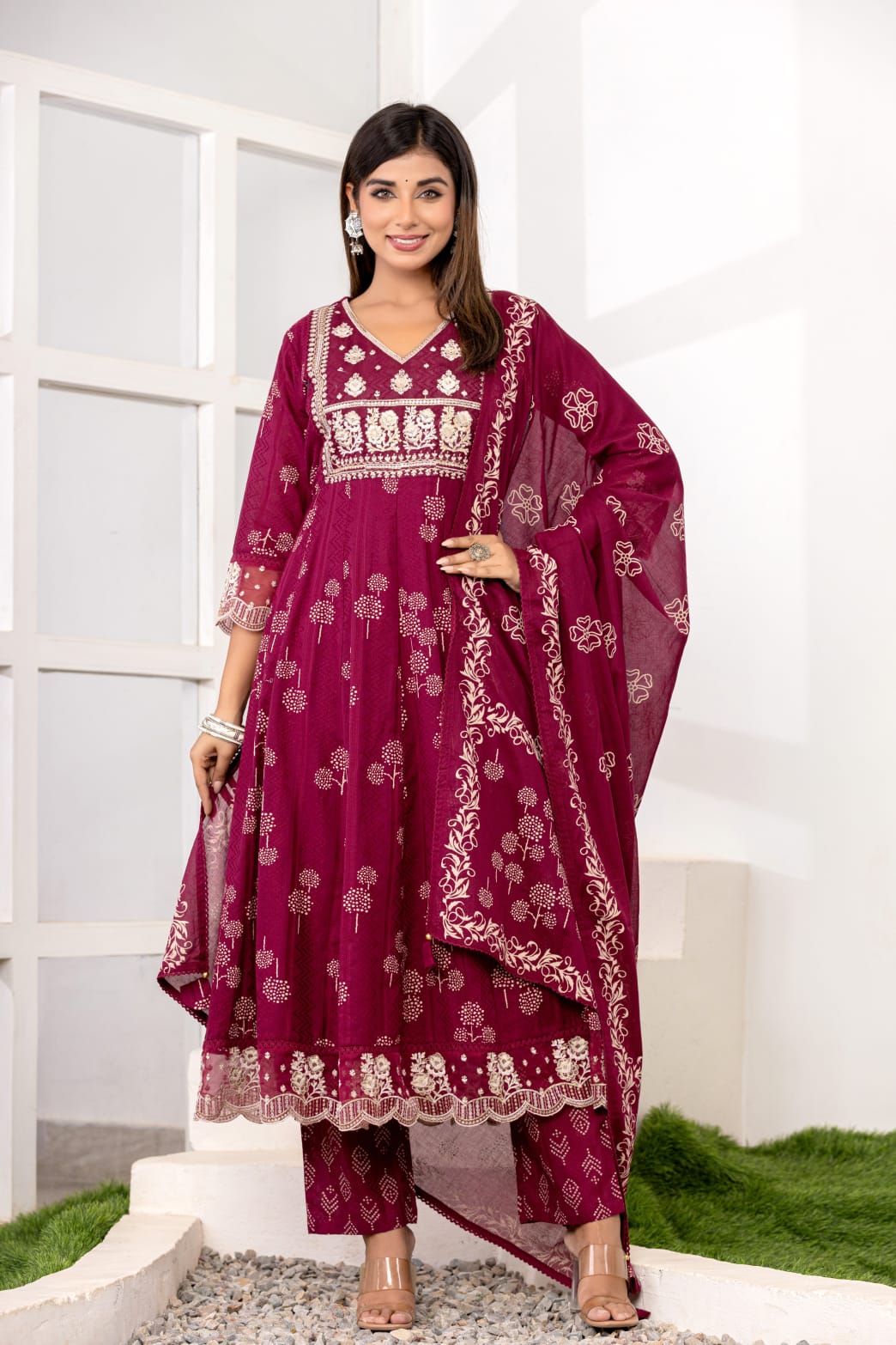 Cotton Dobby Anarkali Suit Set