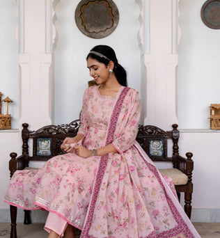 Mul Cotton Printed Anarkali Suit Set