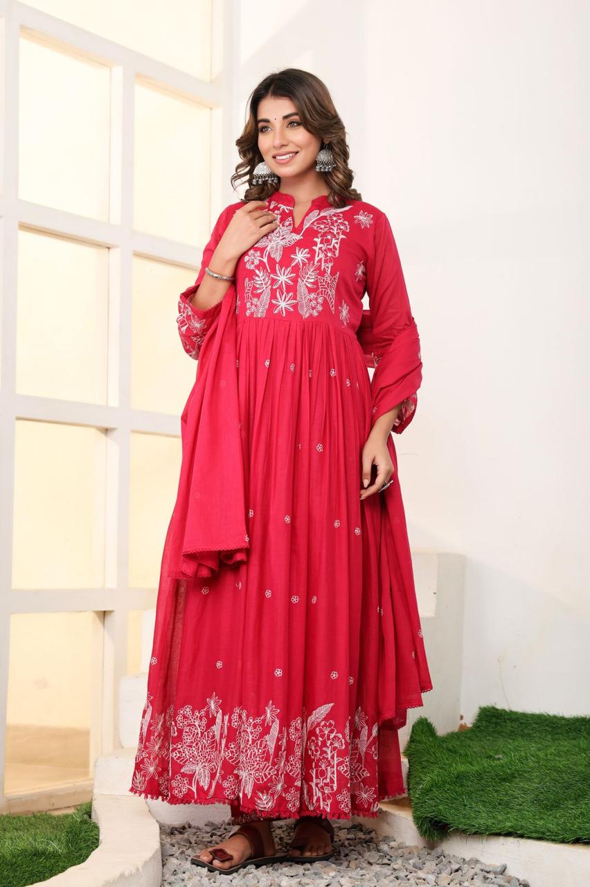 Mulmul Cotton Anarkali Suit Set