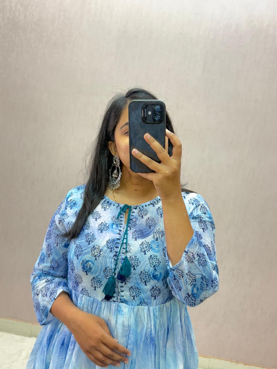 Mulmul Cotton Handblock Printed Anarkali Suit Set