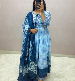 Mulmul Cotton Handblock Printed Anarkali Suit Set