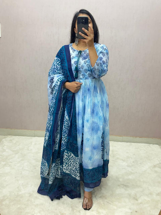 Mulmul Cotton Handblock Printed Anarkali Suit Set