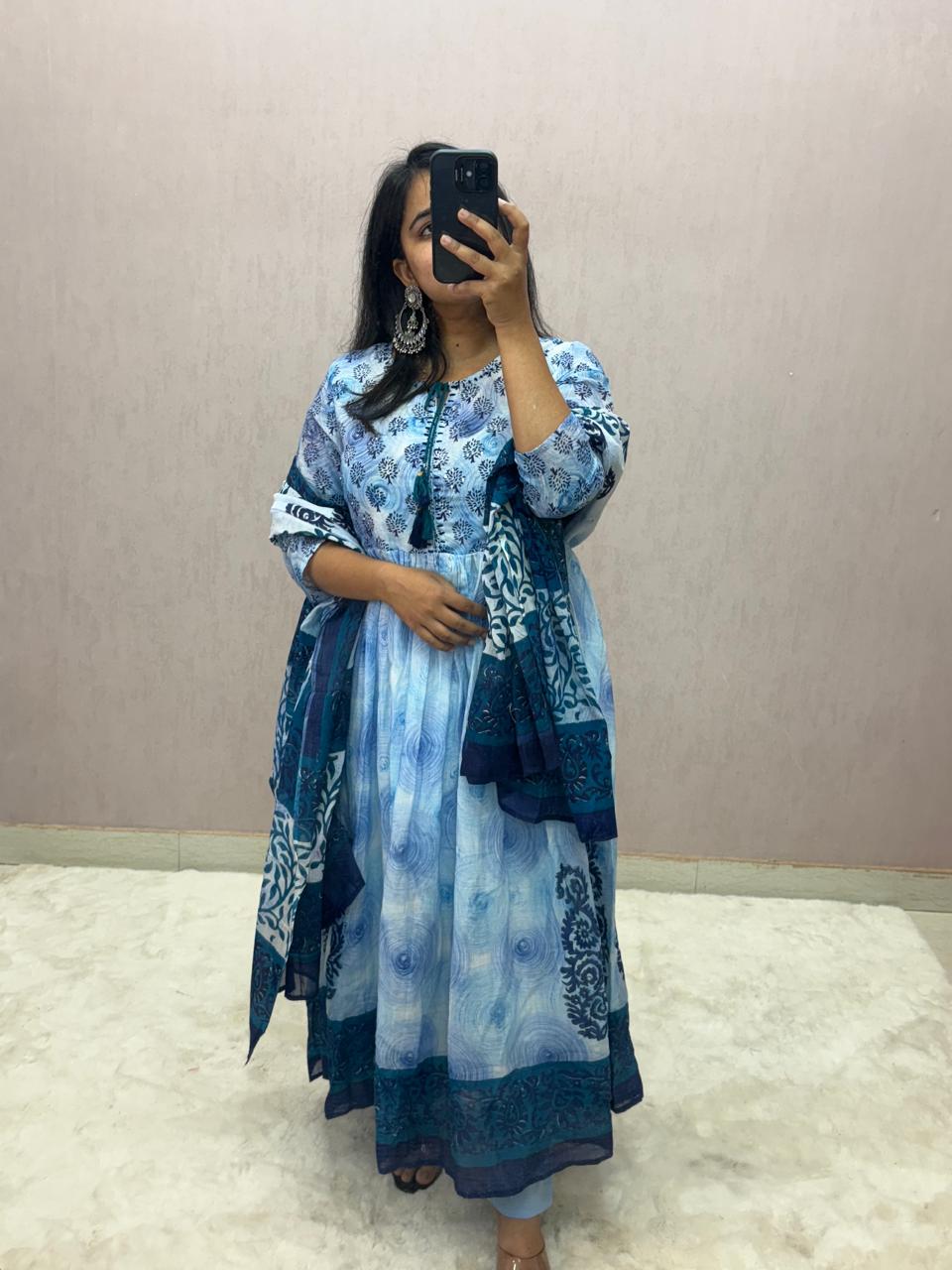 Mulmul Cotton Handblock Printed Anarkali Suit Set