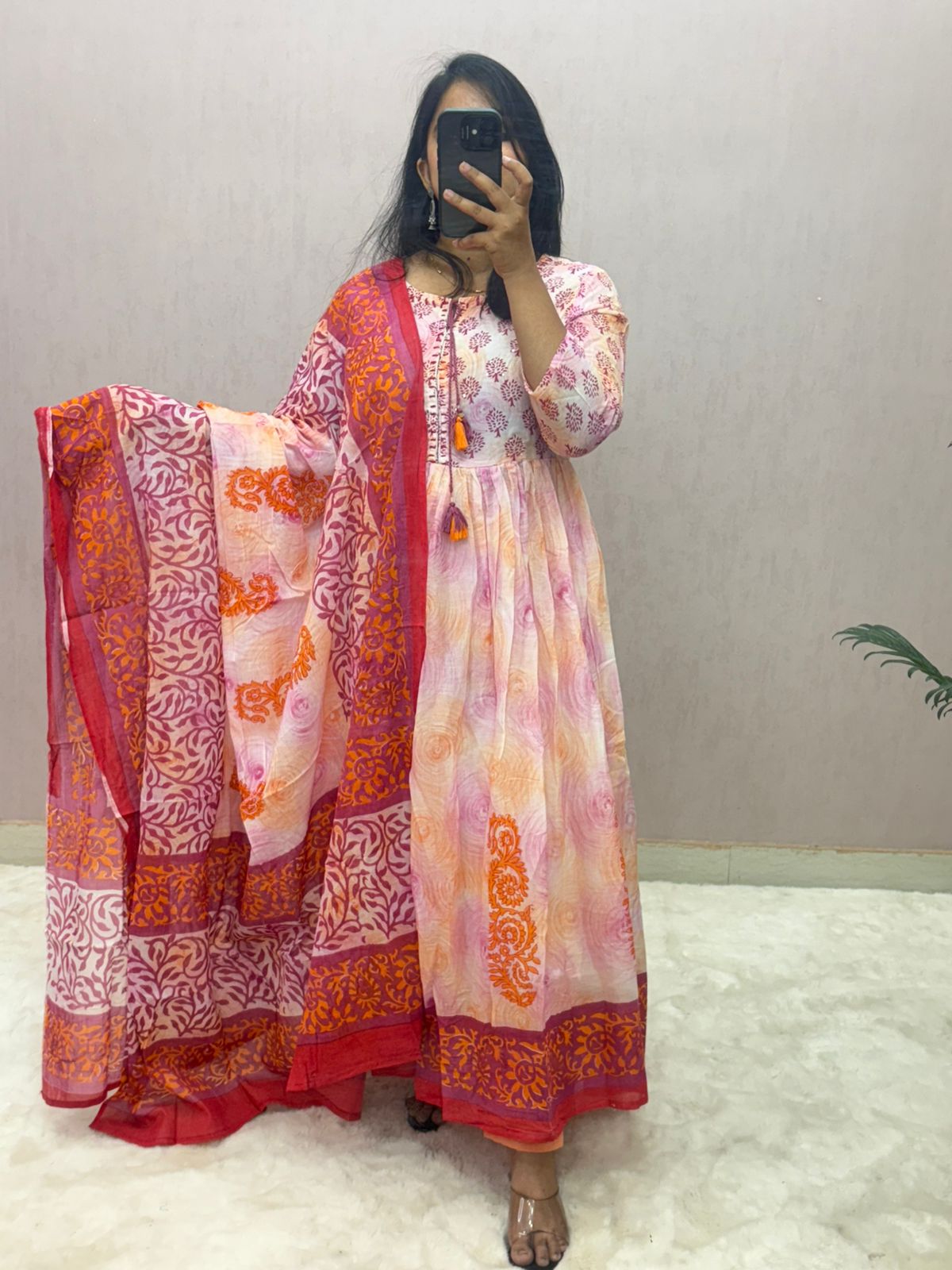 Mulmul Cotton Handblock Printed Anarkali Suit Set