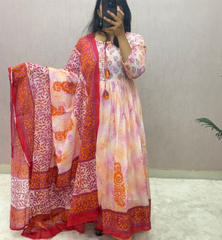 Mulmul Cotton Handblock Printed Anarkali Suit Set