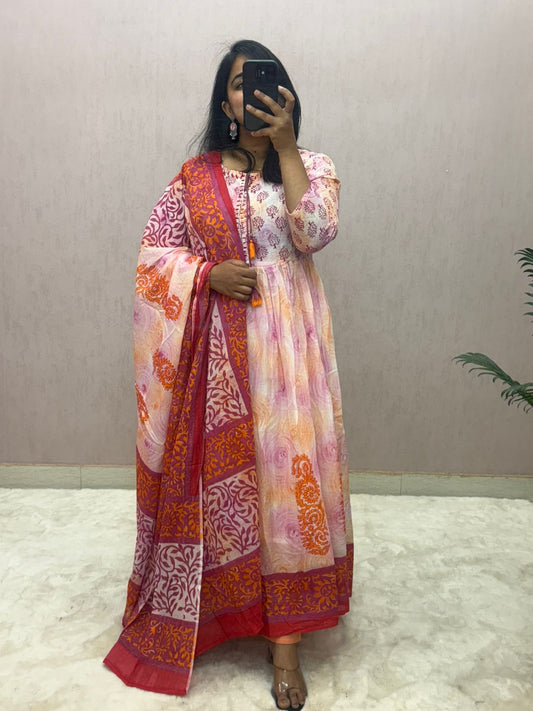 Mulmul Cotton Handblock Printed Anarkali Suit Set