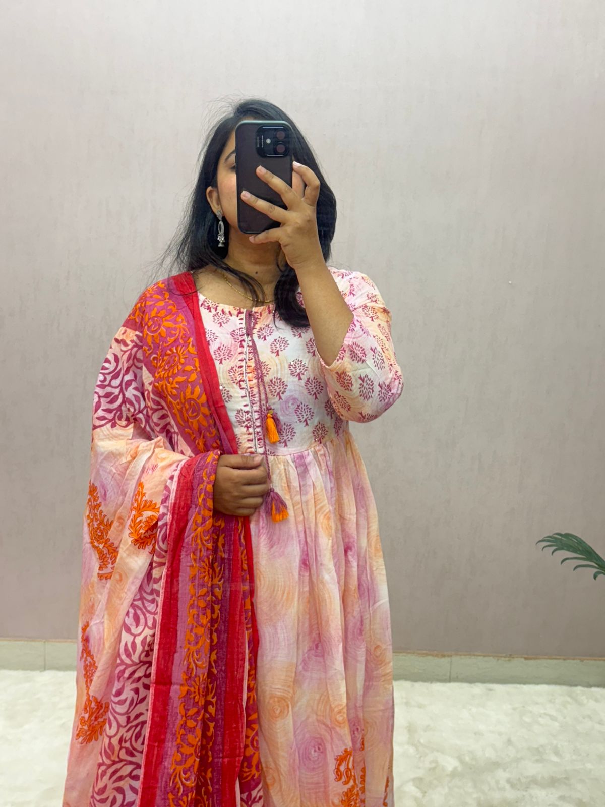 Mulmul Cotton Handblock Printed Anarkali Suit Set