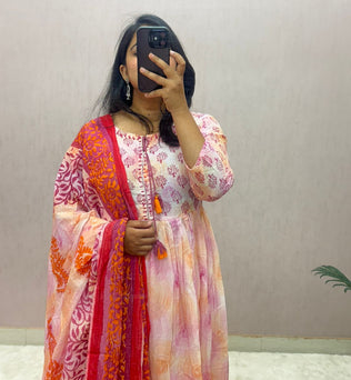 Mulmul Cotton Handblock Printed Anarkali Suit Set