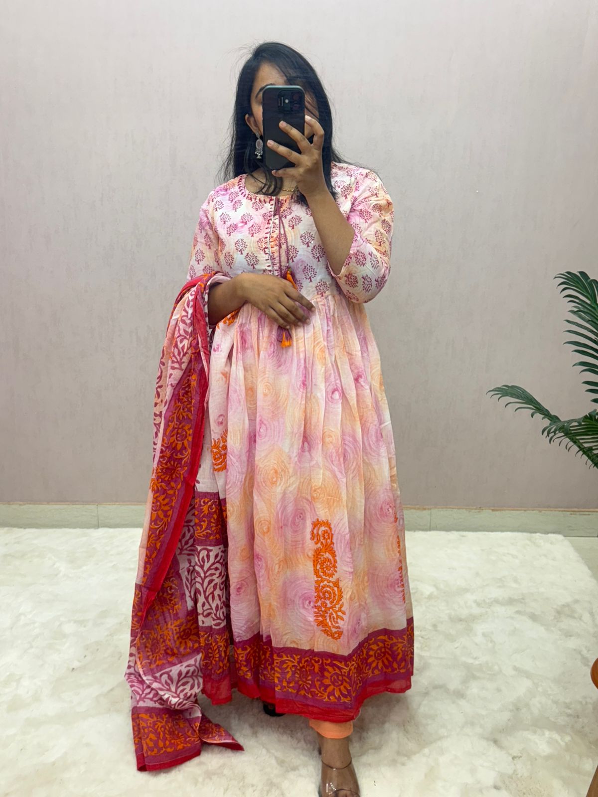Mulmul Cotton Handblock Printed Anarkali Suit Set