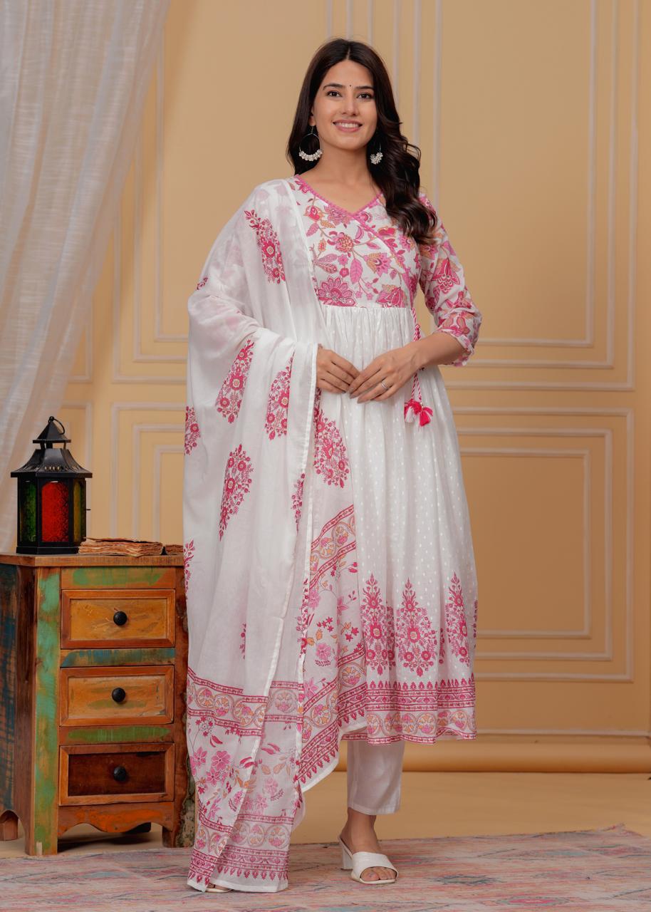 Mulmul Printed Kurti with Pant and Dupatta