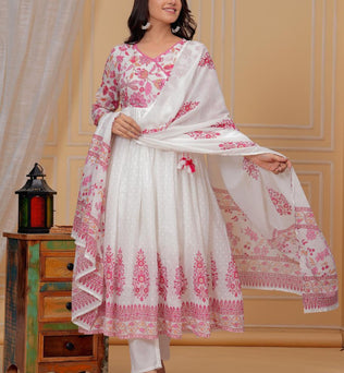 Mulmul Printed Kurti with Pant and Dupatta