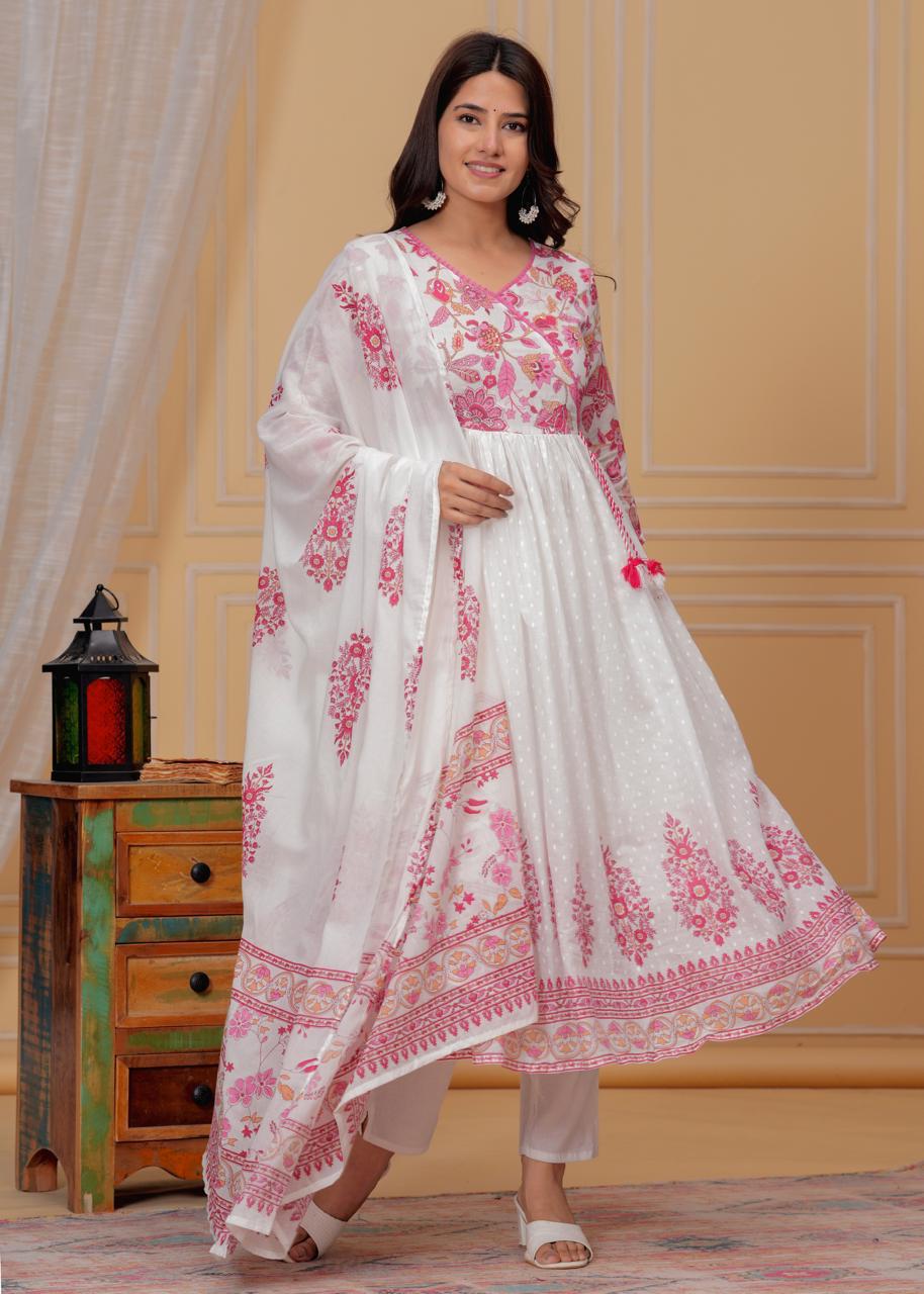 Mulmul Printed Kurti with Pant and Dupatta