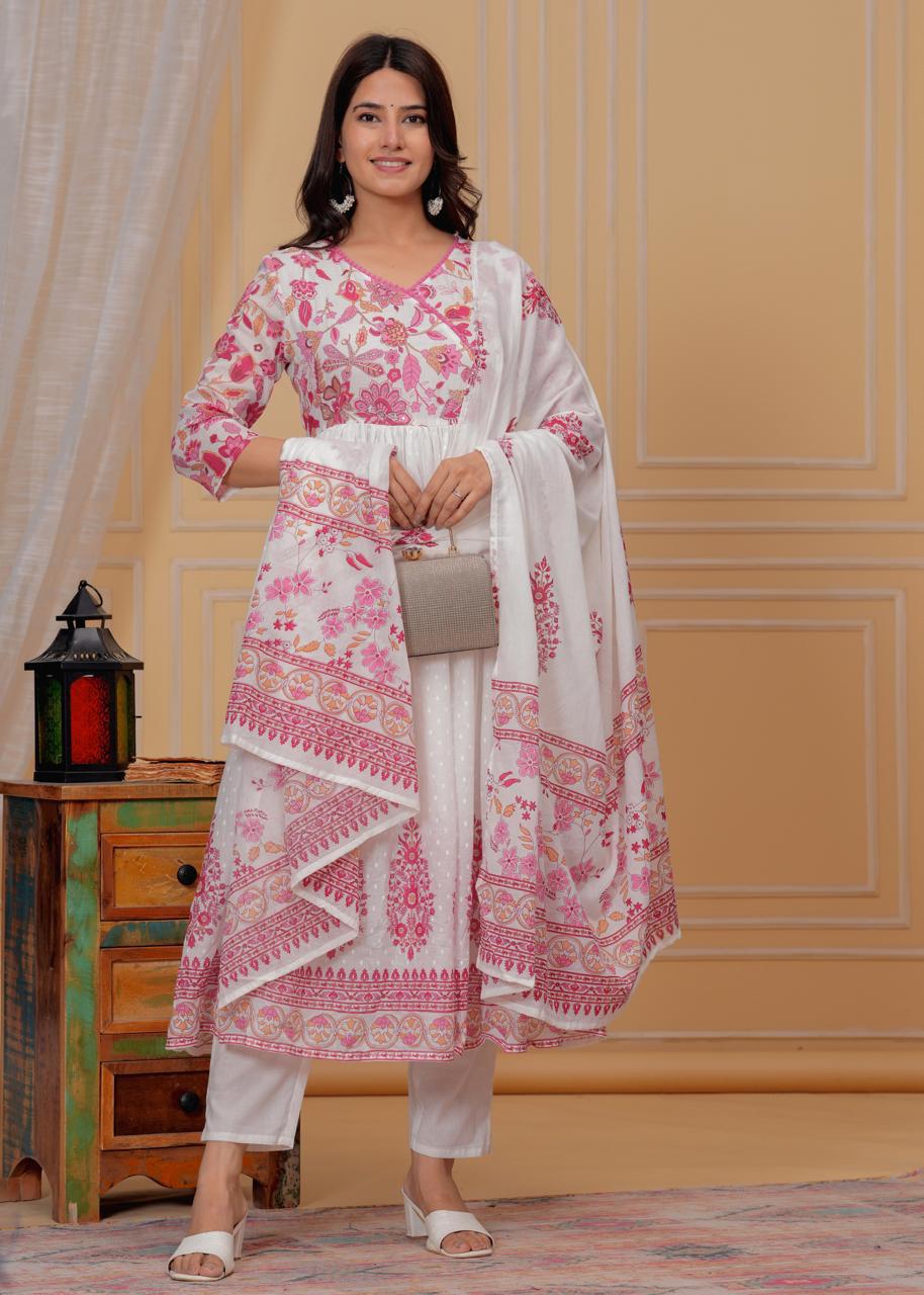 Mulmul Printed Kurti with Pant and Dupatta
